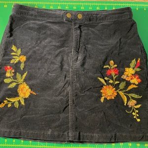 Navy Corduroy Skirt with Floral Embroidery